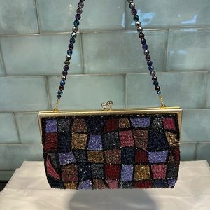 Vintage Walborg Multi Color Seed Block Clutch Gold Hardware